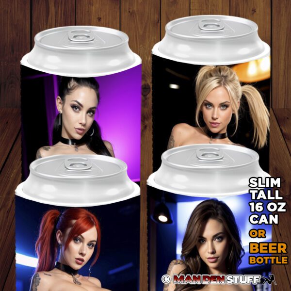 Hot & Sexy Babes Topless at Bar ~ YOU CHOOSE ~ SLIM Tall 16oz Beer Can Bottle Drink Cooler Holder Cozie