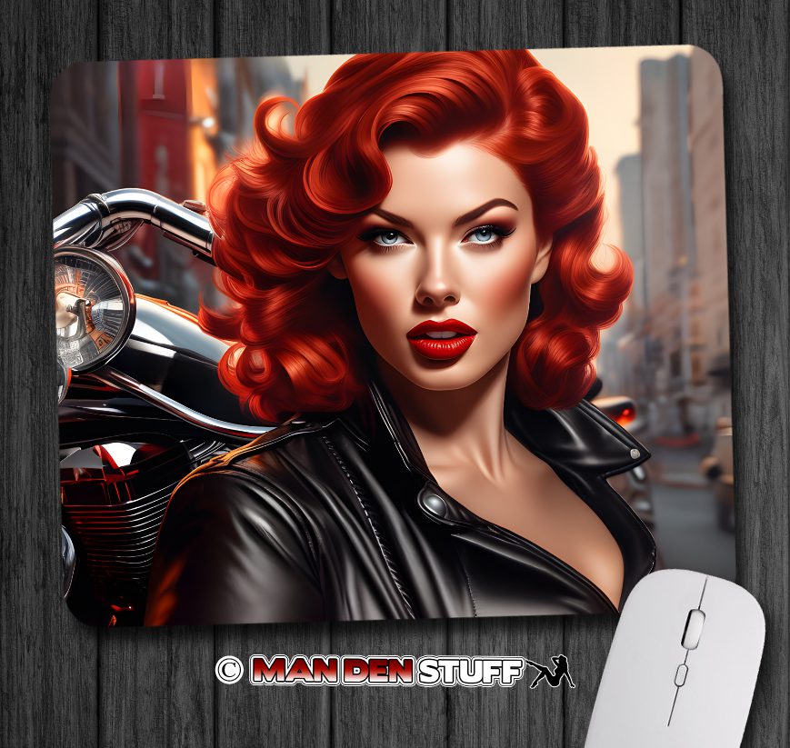 Sexy Red Head Biker Chick Mouse Pad