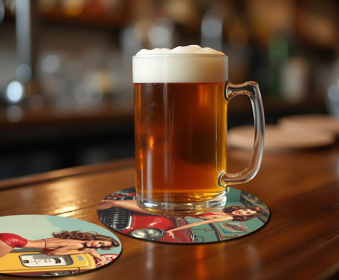 Sexy Pinup Girls & Classic Cars Beer Mug Coasters - Image 3