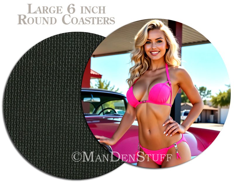 Sexy Bikini Girls & Classic Cars Beer Mug Coasters - Image 7