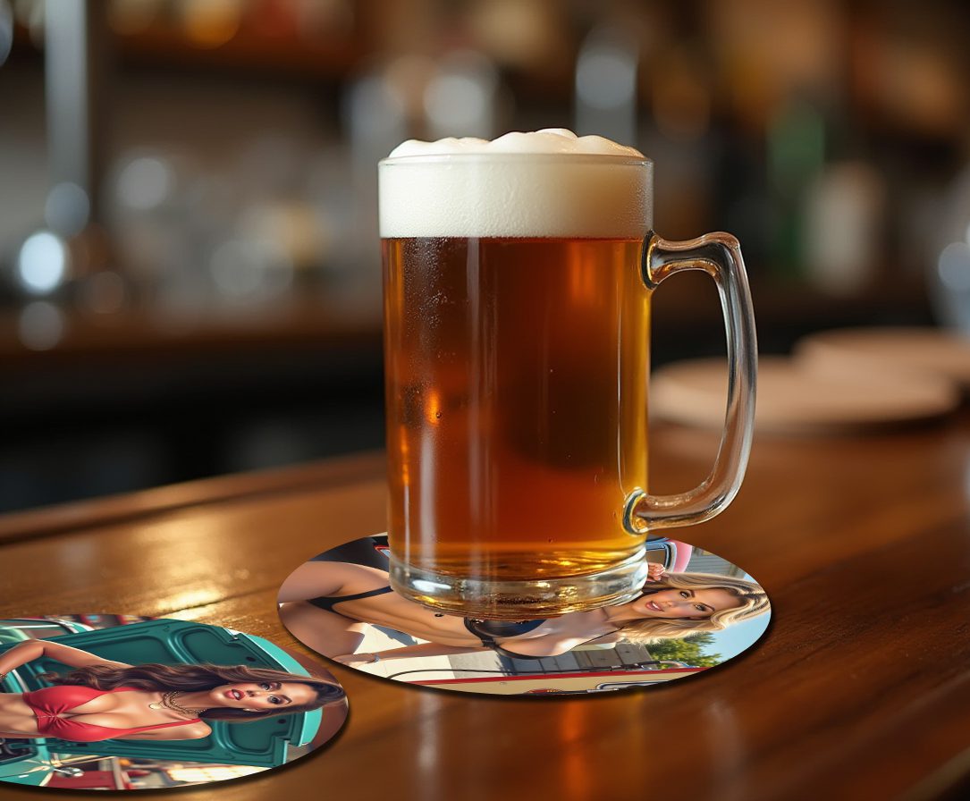 Sexy Bikini Girls & Classic Cars Beer Mug Coasters - Image 3